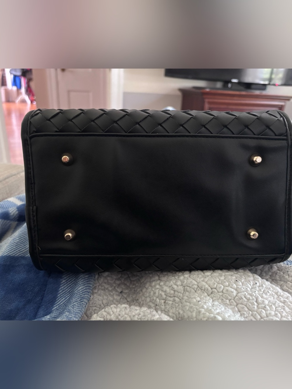 Woven Faux Leather Satchel Top Handle Crossbody Bag Black Minimalist Like New - Picture 6 of 11